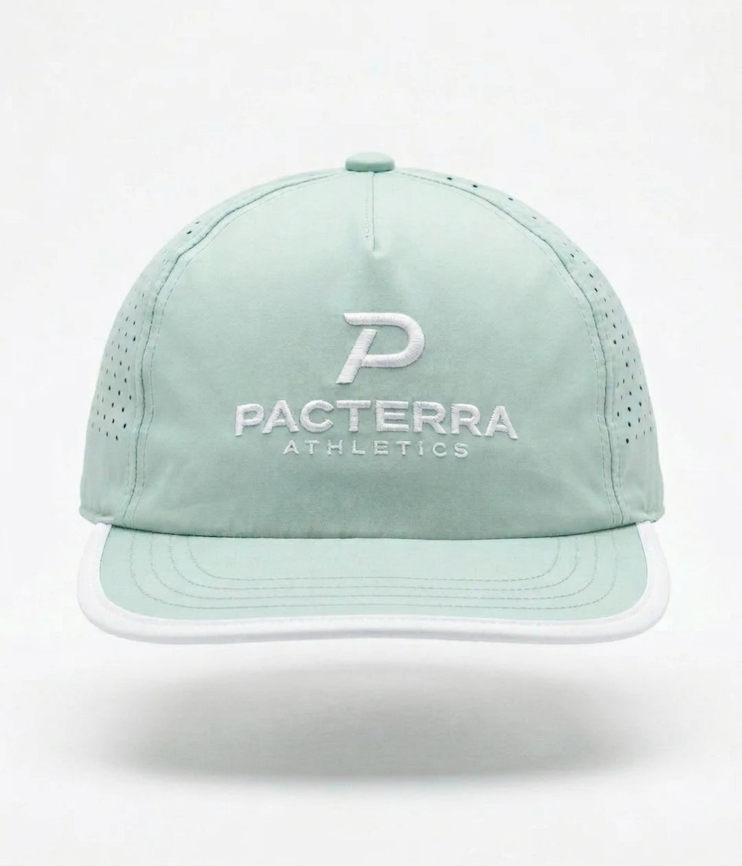 Sea Foam All Day Hat front view with embroidered Pacterra Athletics logo