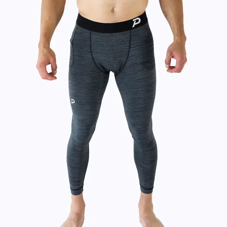 Front view of Strider men's comfort compression tights in Charcoal Heather, highlighting the premium Swingloft fabric texture.