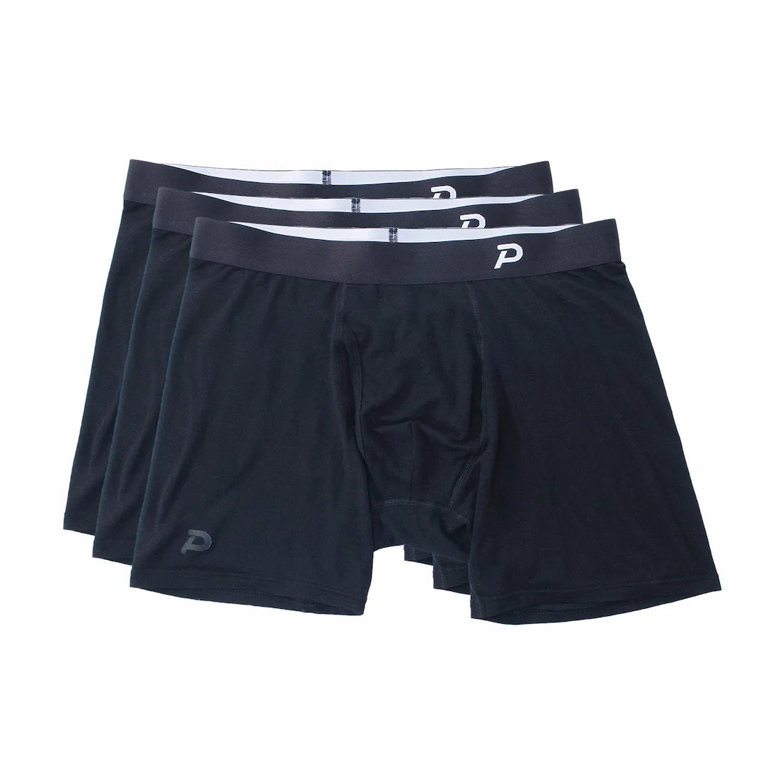 Three-pack bundle of Pacterra Fiver technical boxer briefs in black—the daily rotation essential.