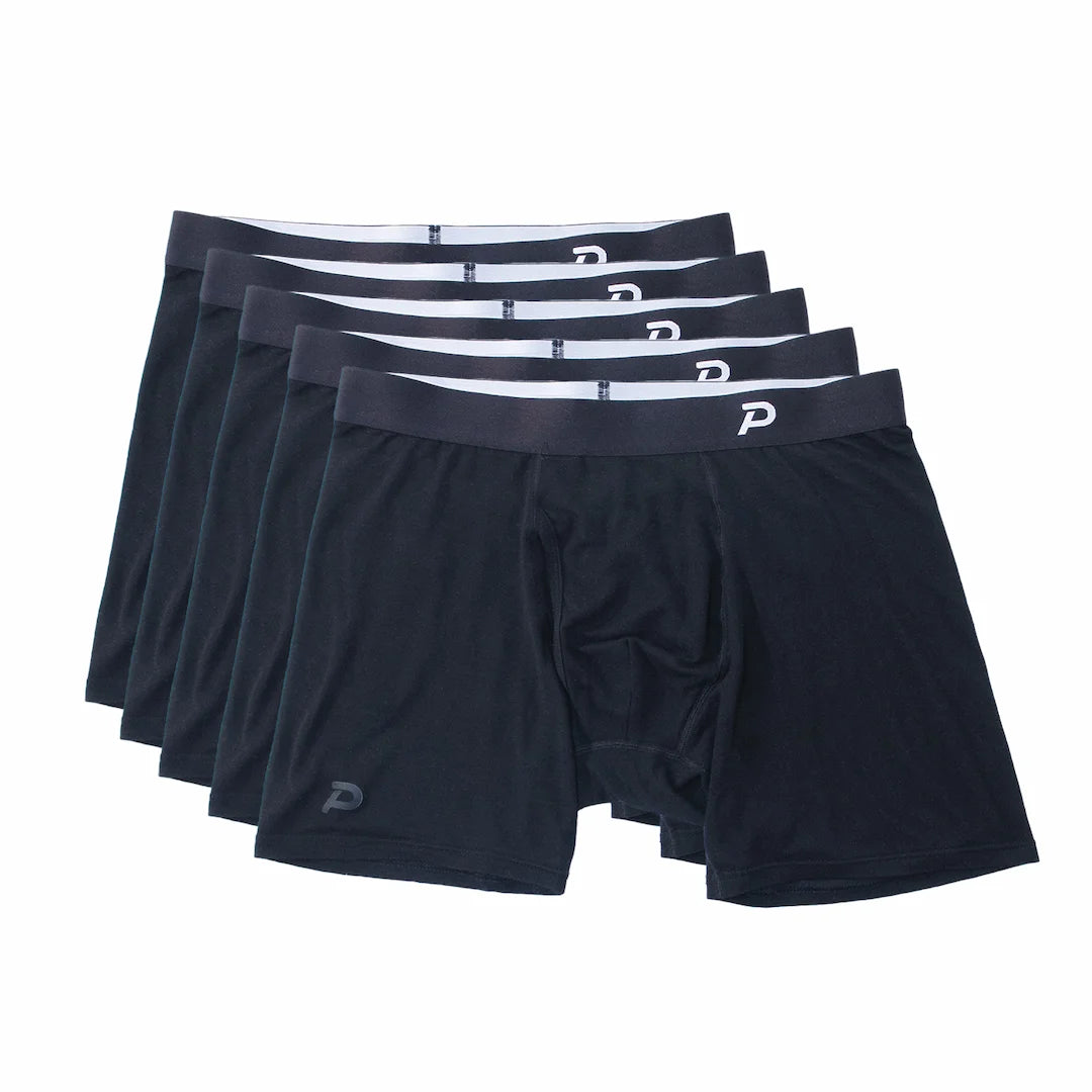 Five-pack work-week bundle of Pacterra Fiver boxer briefs in black for all-day technical comfort.