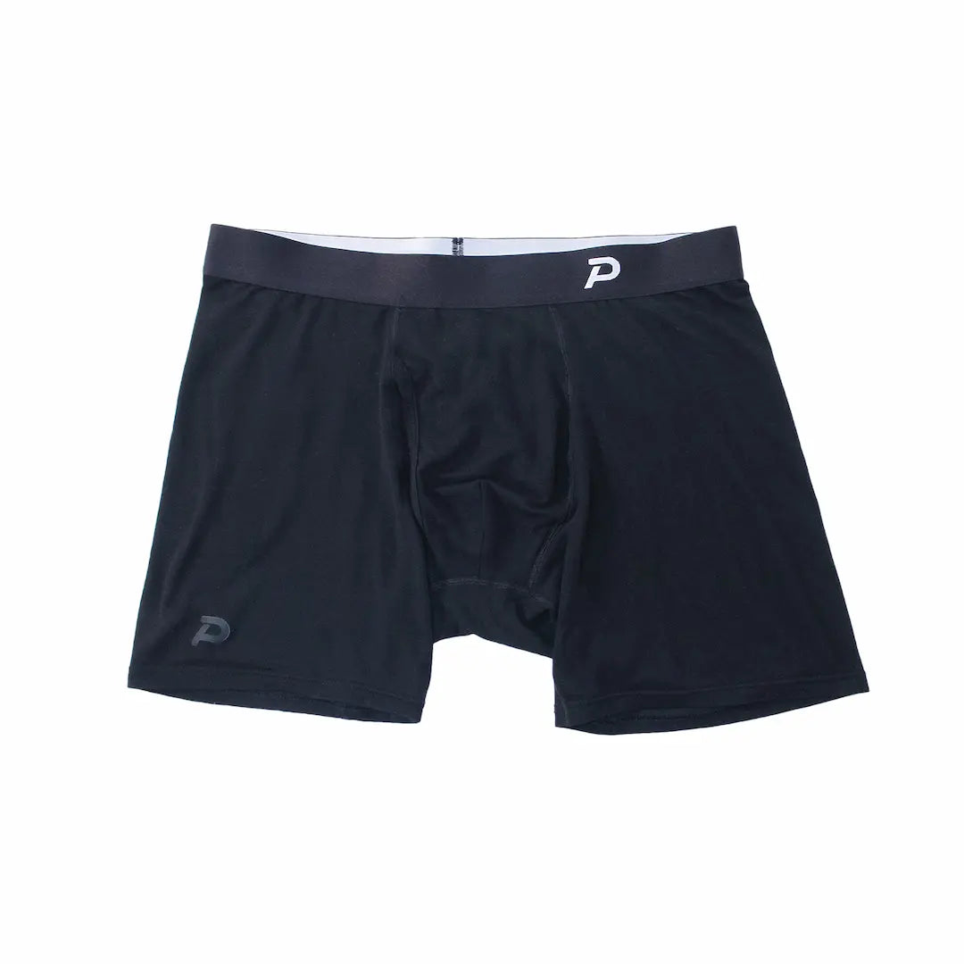 Close-up of Pacterra Fiver boxer brief in black, highlighting the breathable, anti-chafe front gusset.