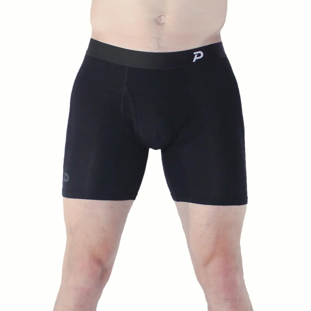 Front view of Pacterra Fiver technical boxer brief in black, featuring brushed Tencel Modal.