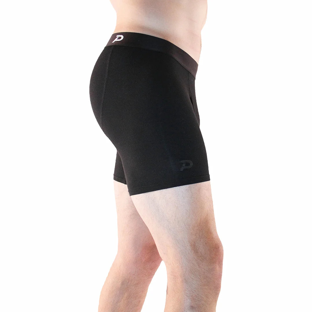 Side view of Fiver boxer brief showing the secure-fit Nylon Jacquard waistband and increased back rise.