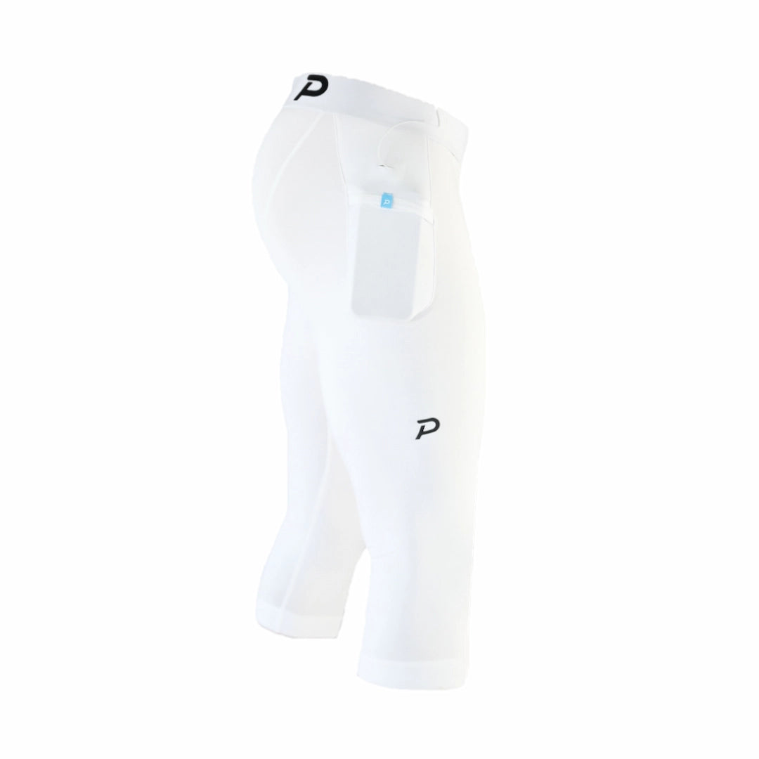 Professional studio image of the Pacterra men's 3/4 Strider tight in white, emphasizing a sleek, modern athletic aesthetic.