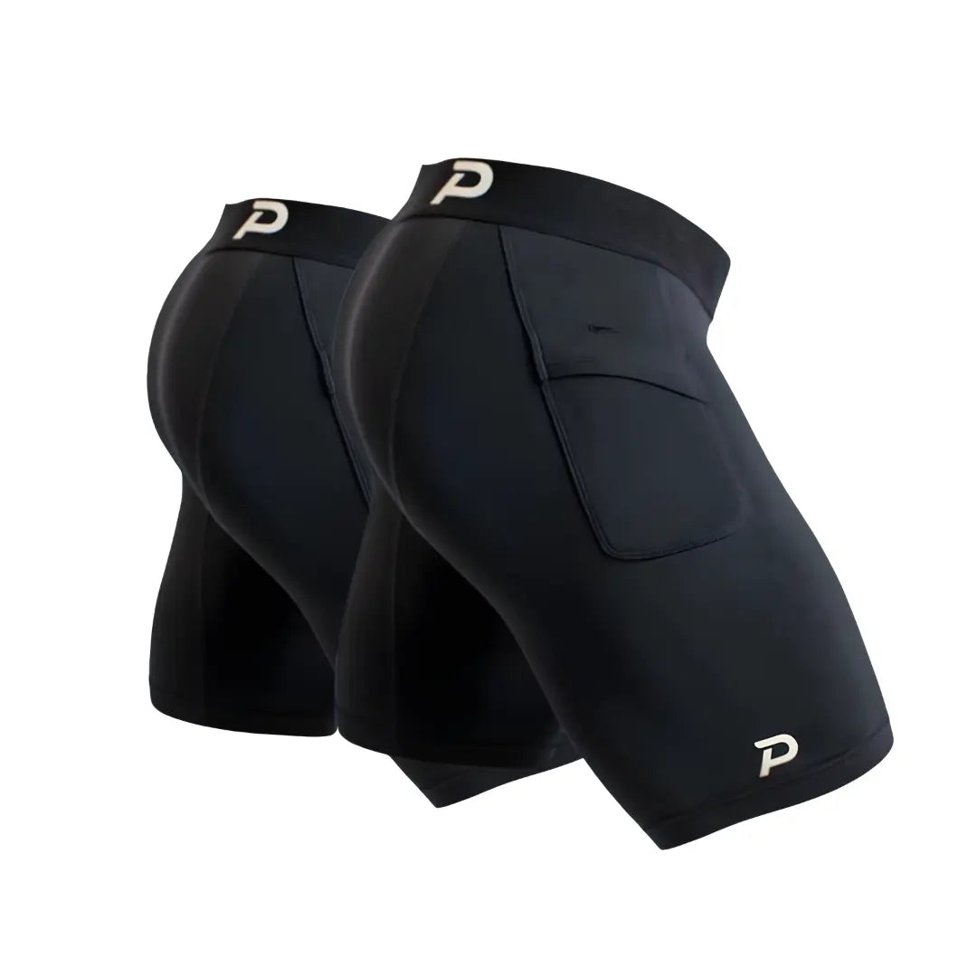Two-pack of Pacterra Middy men's black compression shorts, the best most comfortable performance gear featuring a secure no-bounce pocket and durable support.