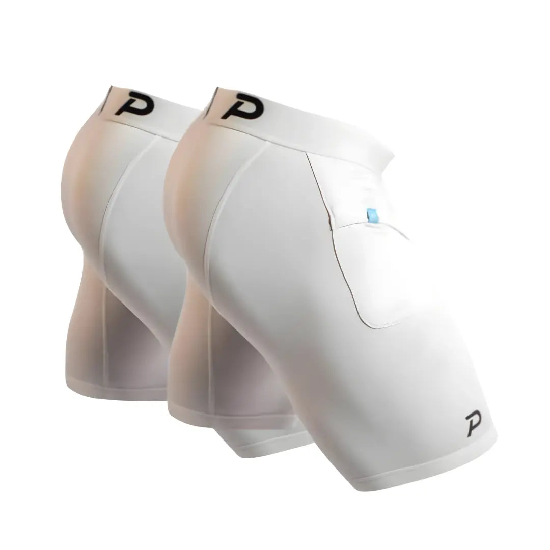 Two-pack of Pacterra Middy men's white compression shorts, the best comfortable base layer featuring moisture-wicking fabric and a secure side pocket