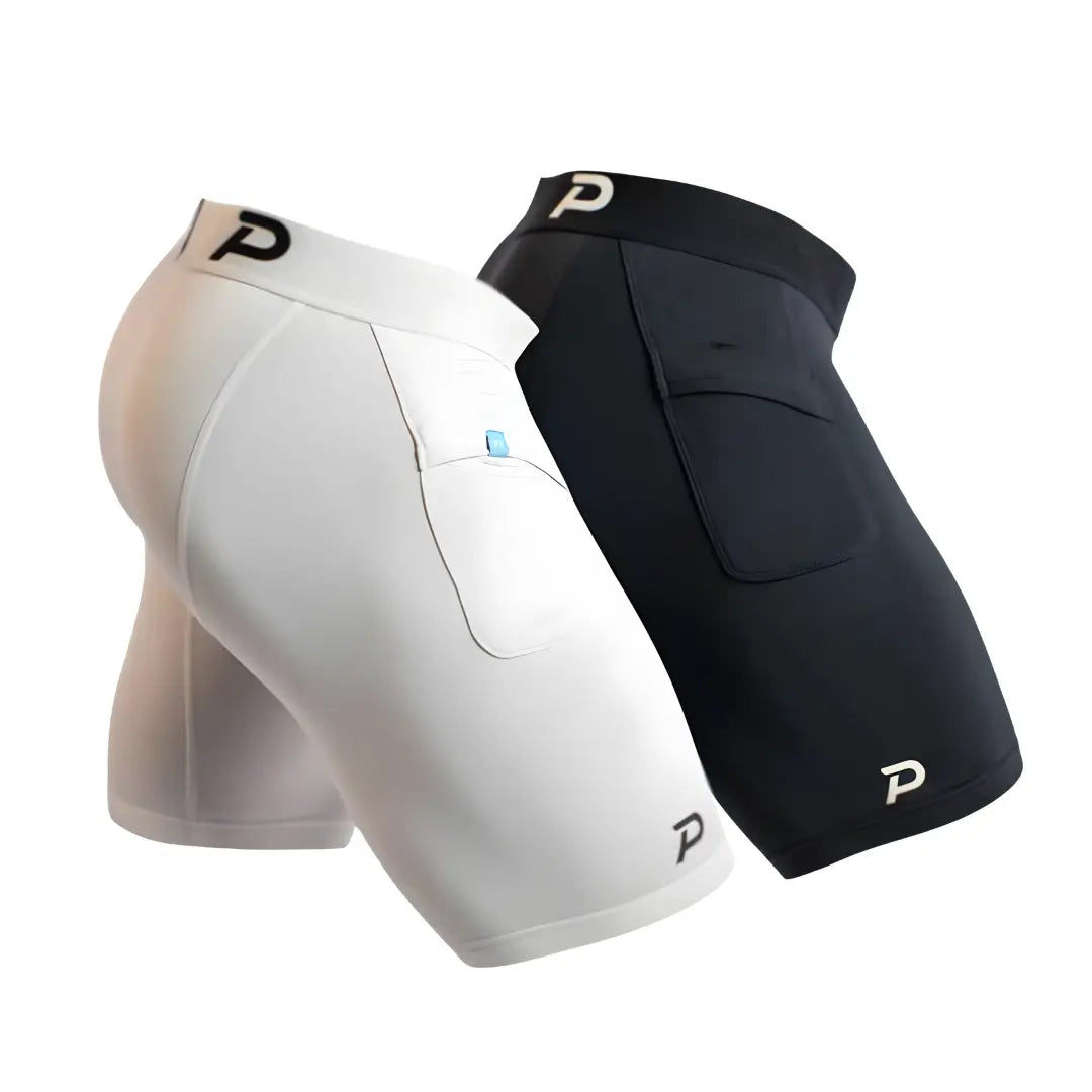 Pacterra Middy 2-pack bundle featuring white and black compression shorts with secure-fold pockets.