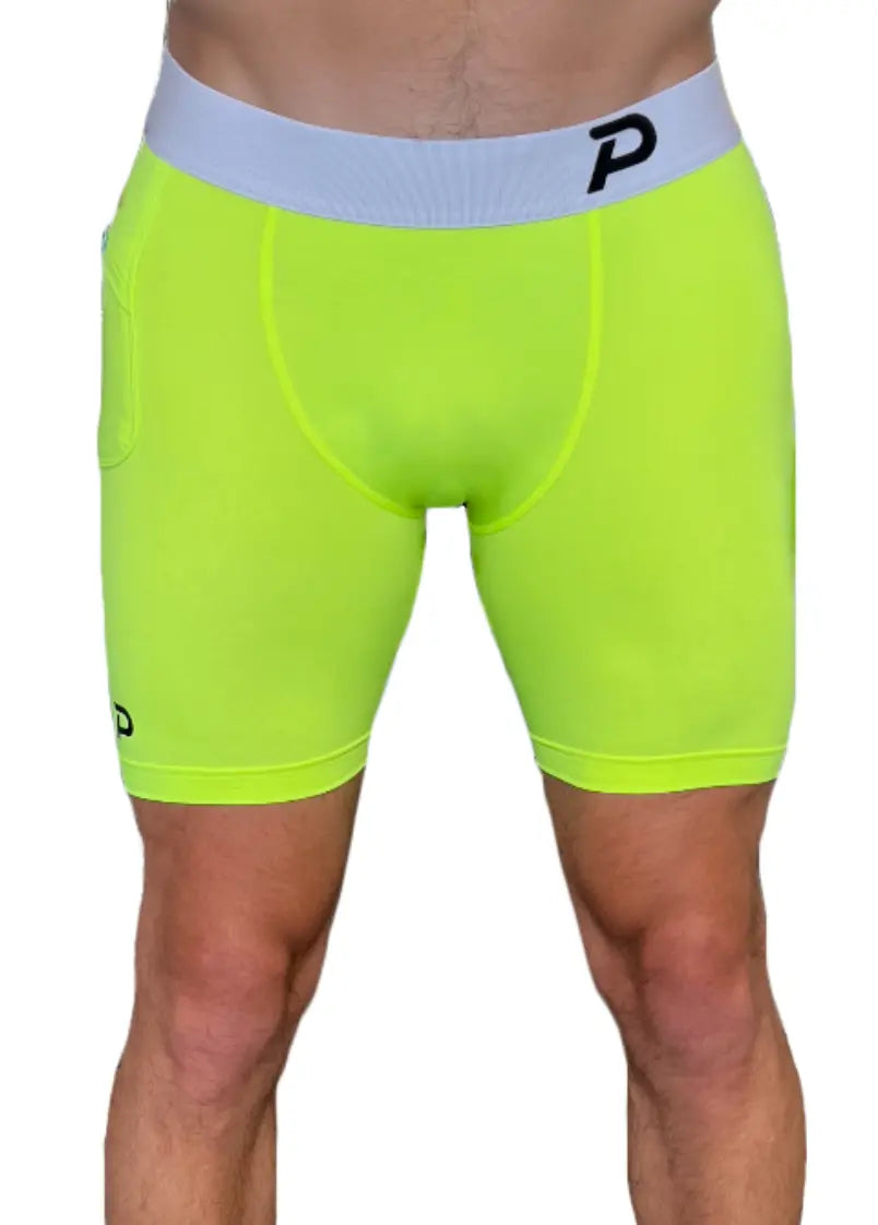 Front view of the Pacterra Middy compression shorts in blue, demonstrating the secure performance fit, high-stretch fabric, and maximum comfort.