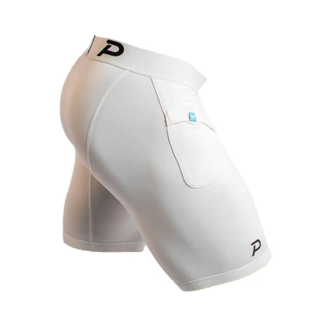 Side view of white Middy compression shorts featuring a clean aesthetic and high-density performance fabric.