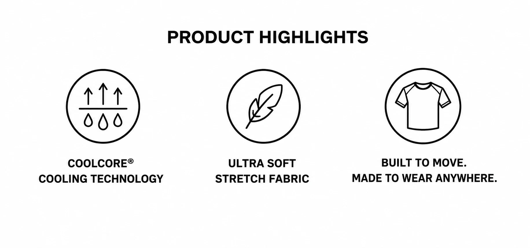 The Draper Tee product highlights featuring COOLCORE® cooling technology, ultra-soft stretch fabric, and versatile gym-to-street performance.