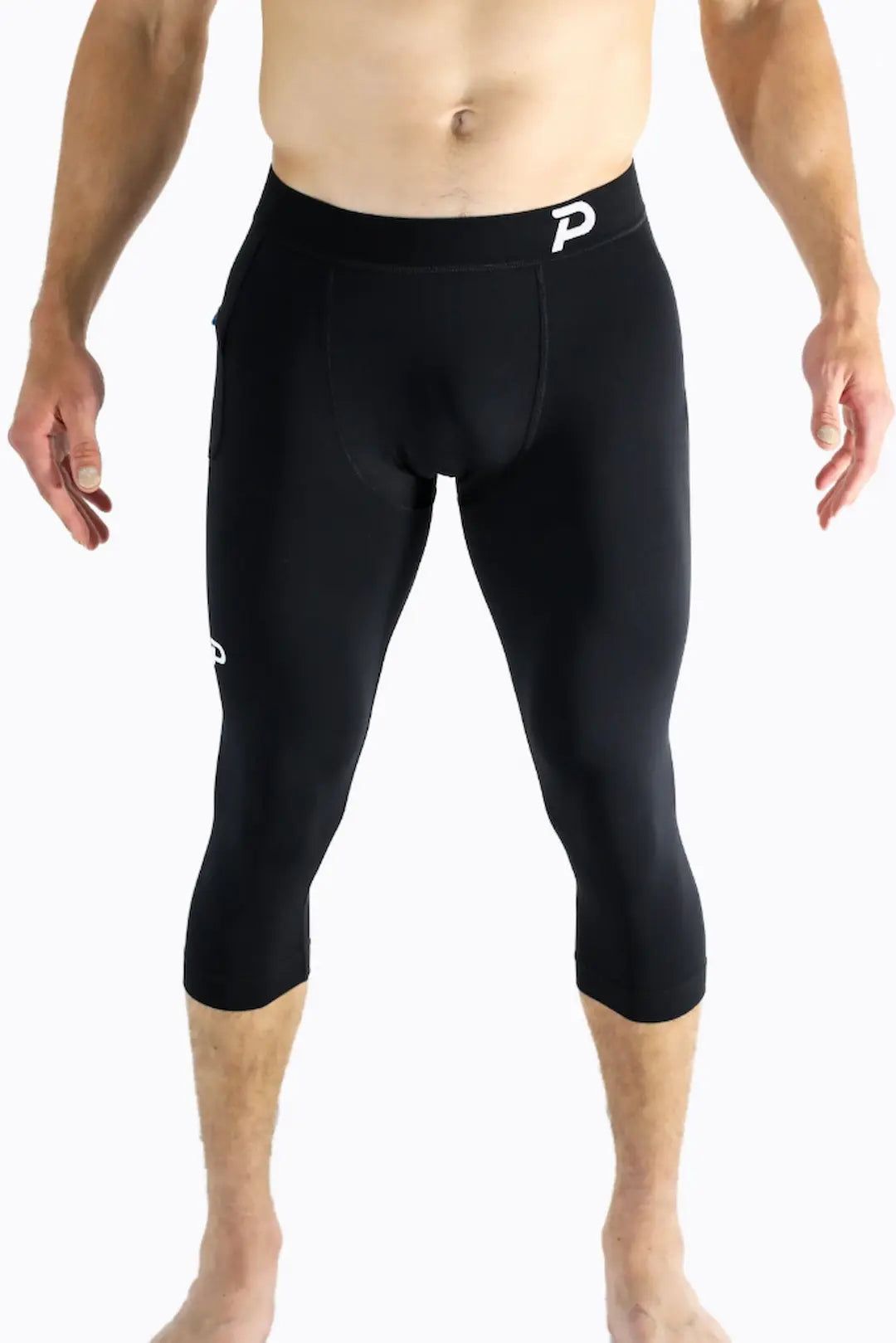Front view of the core black 3/4 Strider men's compression tight, a high-performance alternative to Nike and Wolaco.
