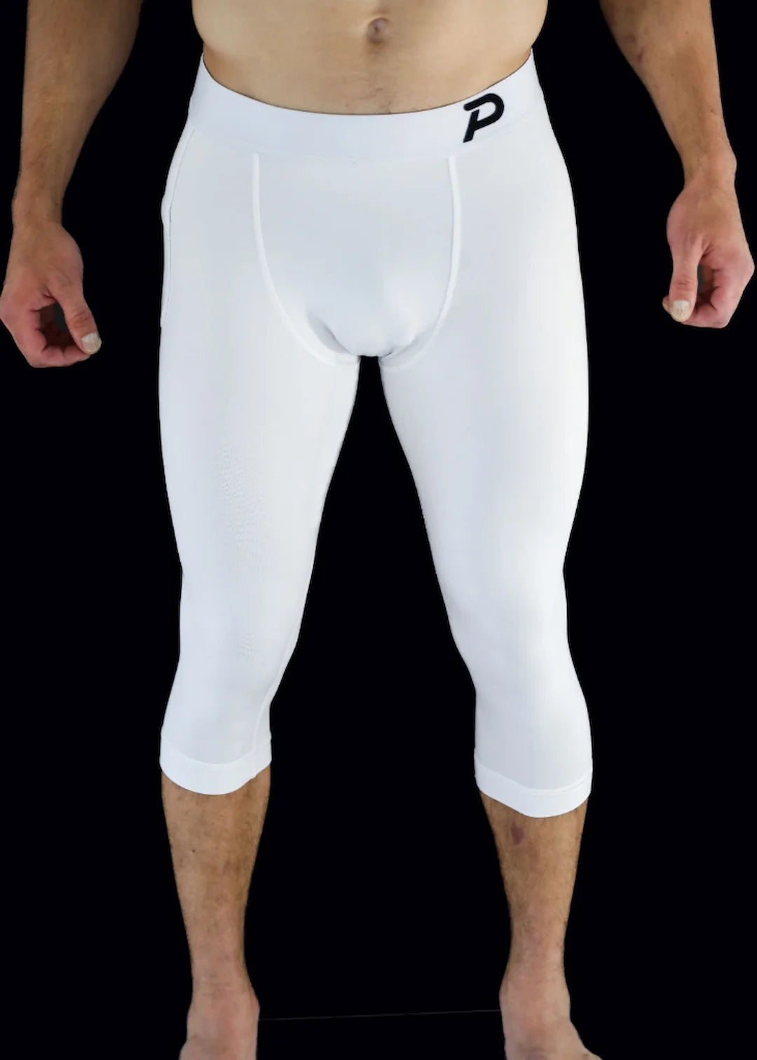 Front view of the white 3/4 Strider men's compression tights, showcasing the supportive front gusset and clean design.