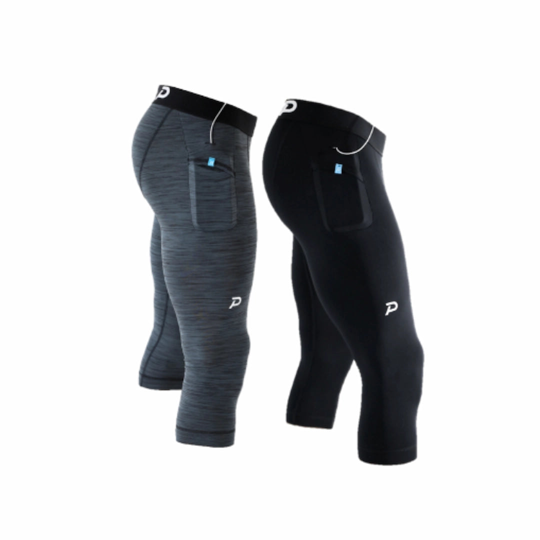 Mixed bundle of Pacterra men's 3/4 Strider tights in Black and Charcoal. The ultimate daily-driver set for high-output athletes.