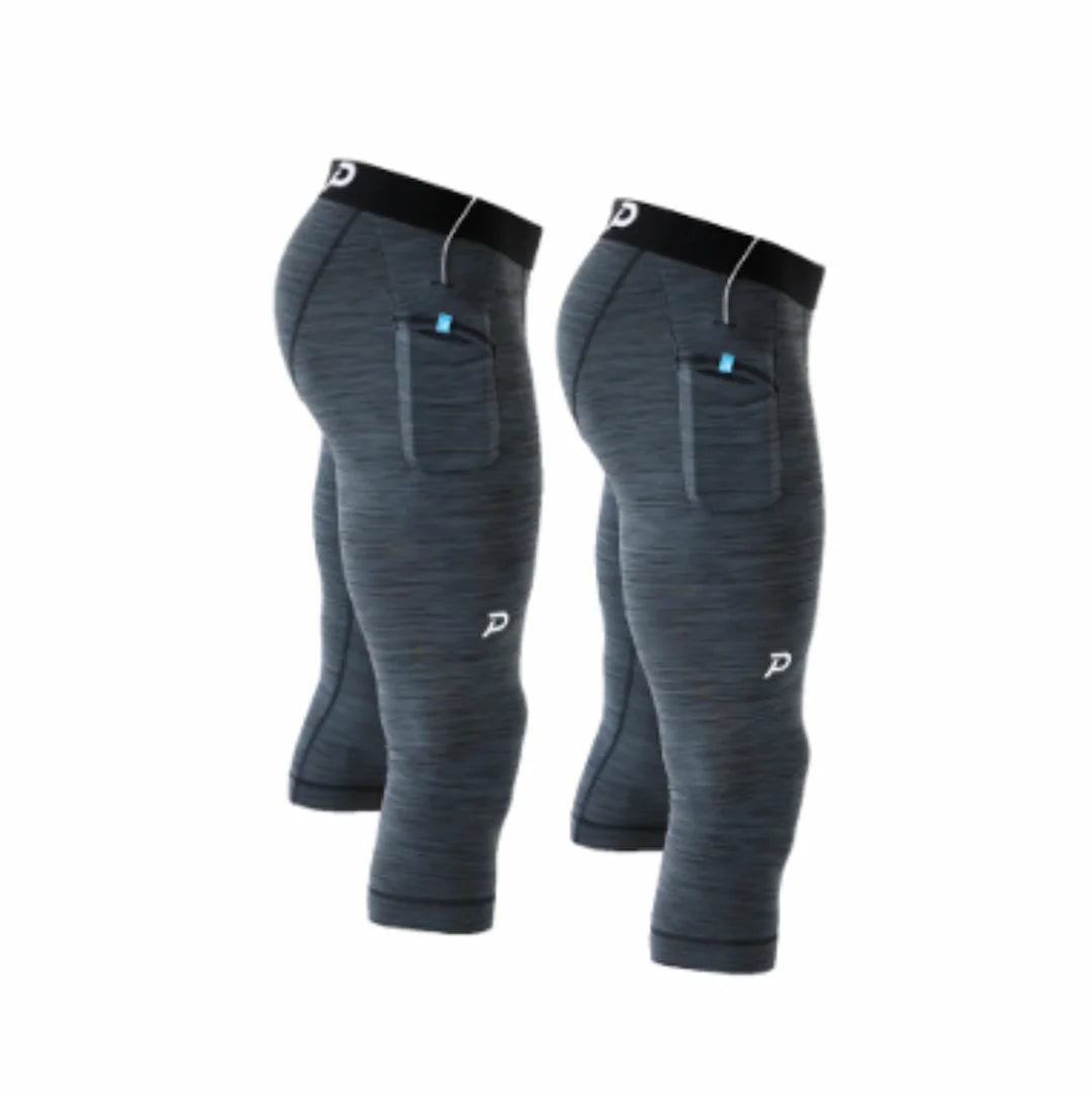 2-Pack of charcoal grey 3/4 Strider men's compression tights. Featuring ultra-soft fabric and secure side storage for a bounce-free run.