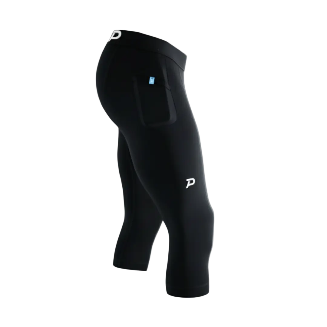 Pacterra Strider 3/4 men’s black compression tights featuring proprietary SwingLoft fabric for maximum comfort and an integrated secure-fold pocket for no-bounce storage.