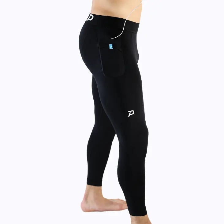 Side view of black Strider tights showing the secure, bounce-free integrated phone pocket and sleek compression fit.
