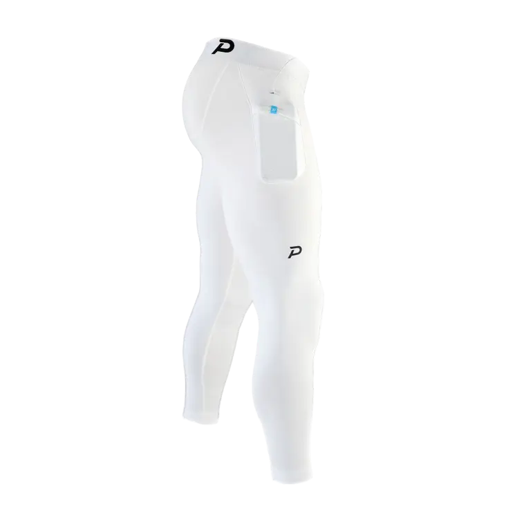 Technical floating view of White Strider tights, showing the clean silhouette and integrated Swingloft phone pocket.