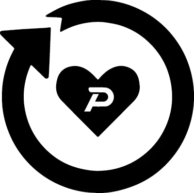 Circular arrow icon with a heart and P logo, representing Pacterra Athletics' commitment to making long-lasting mens performance products.