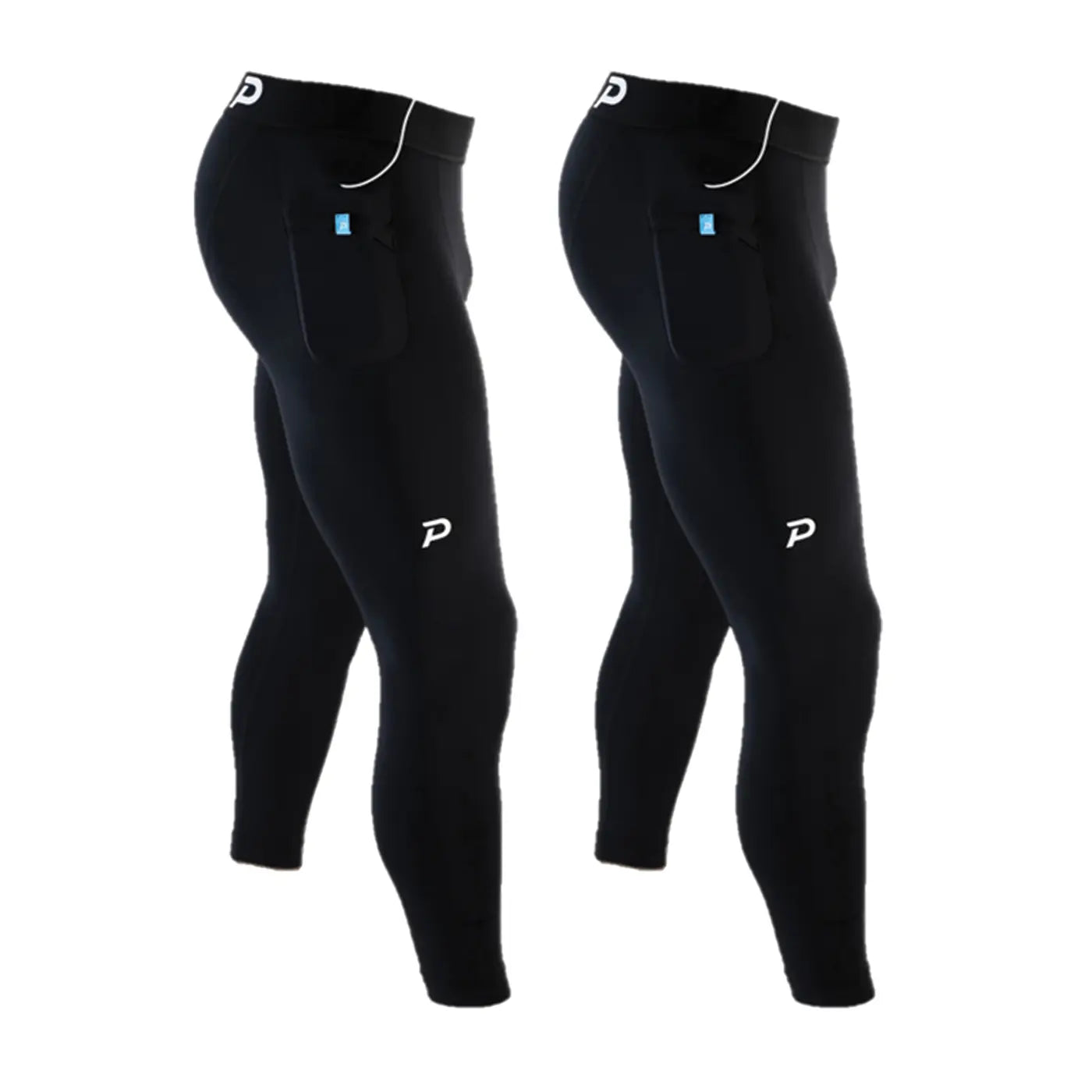 A bundle of two black Pacterra Athletics Strider compression tights for men, highlighting the moisture-wicking comfortable fabric and secure-fold storage pocket