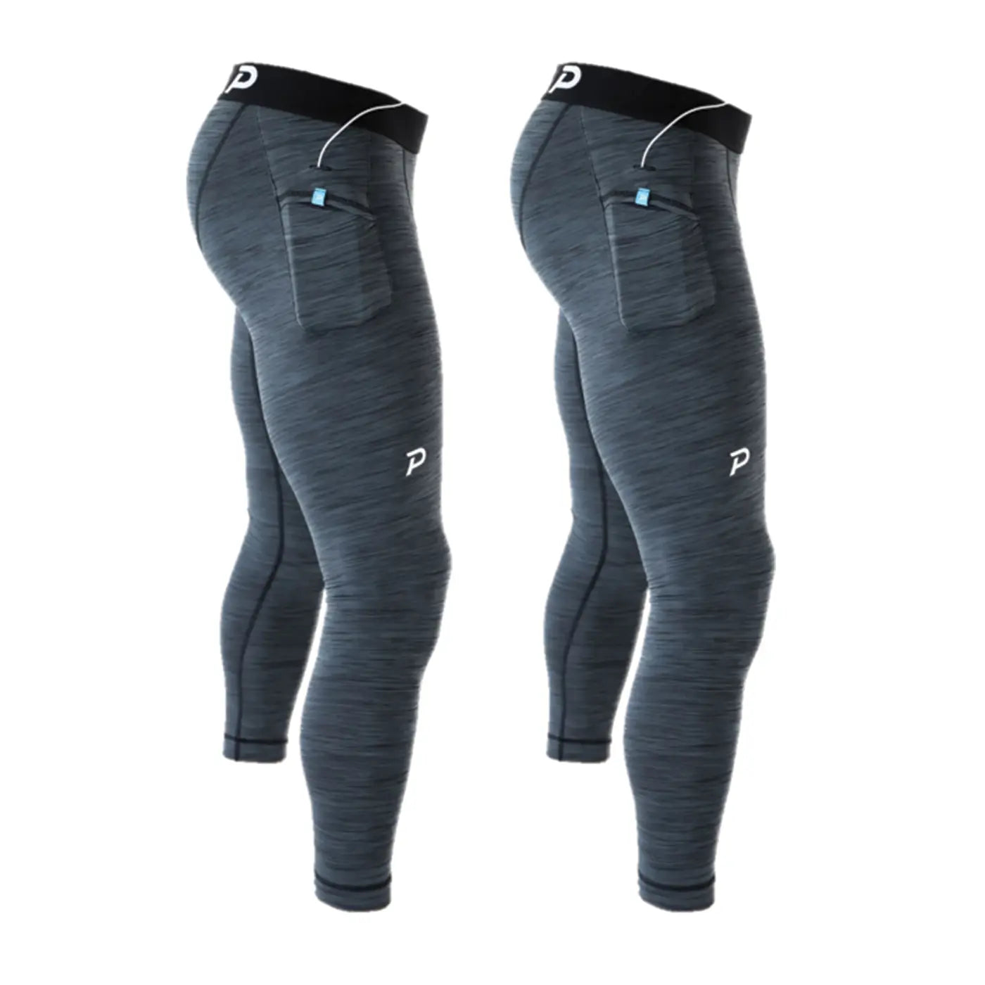 Two pairs of Pacterra Athletics Strider men's compression tights in gray heather, featuring ultra-comfortable fabric and a secure-fold side pocket for phones.