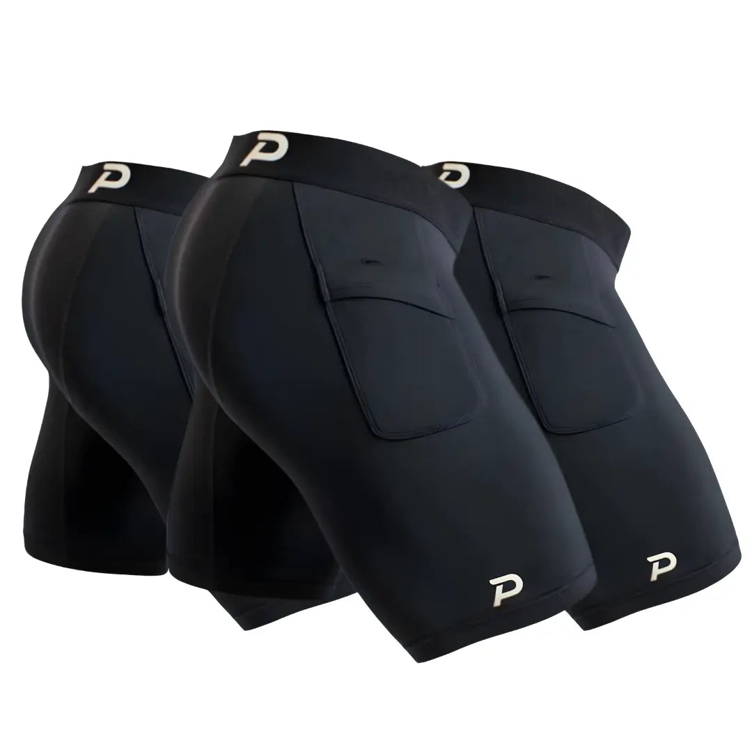 A 3-pack bundle of Pacterra Men's Middy compression shorts in Black. Features the signature secure hip pocket and premium SwingLoft fabric for maximum athletic comfort and a locked-in fit.