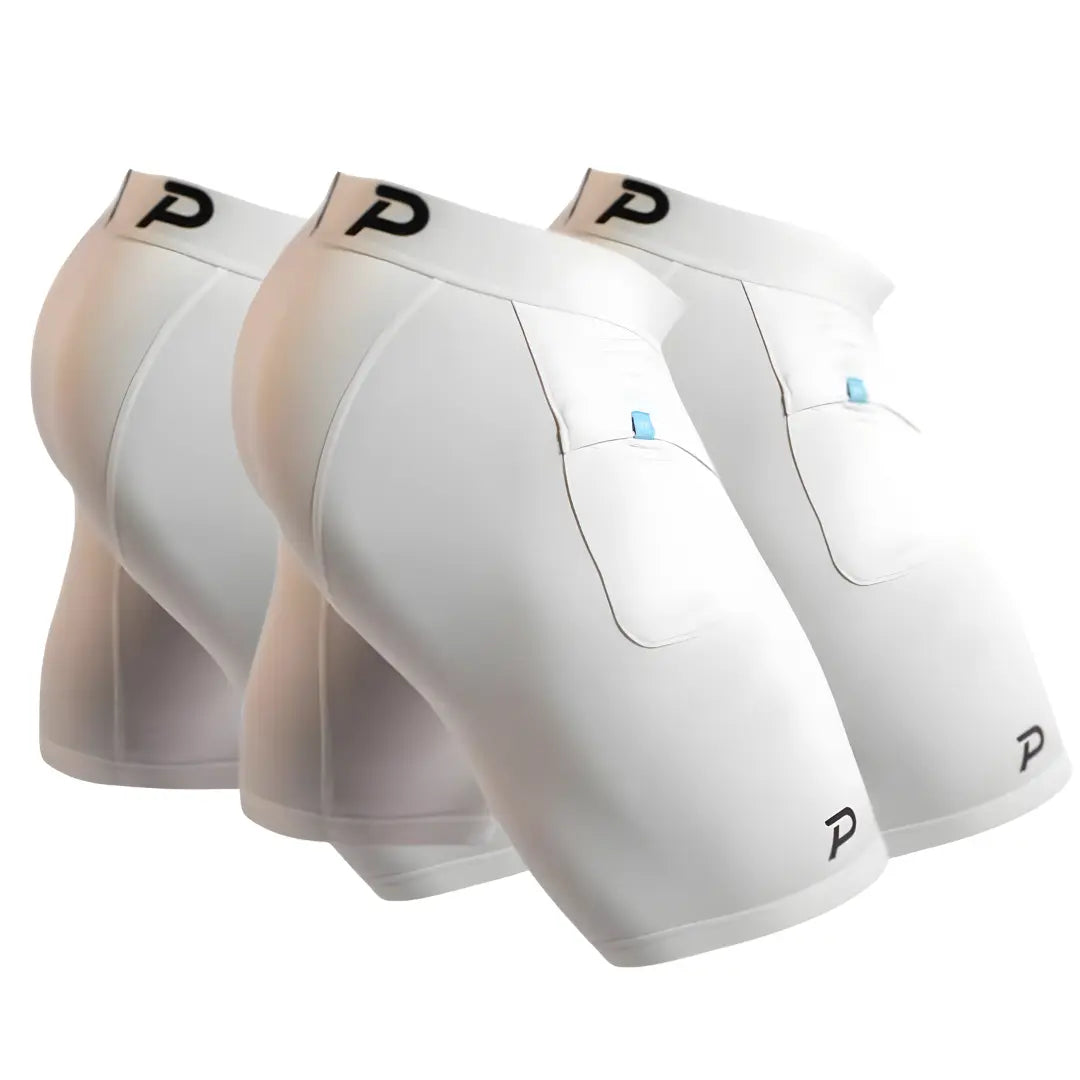A 3-pack bundle of Pacterra Men's Middy compression shorts in White. Featuring the signature secure hip pocket, soft-touch comfort waistband, and premium SwingLoft fabric for a high-performance athletic fit.