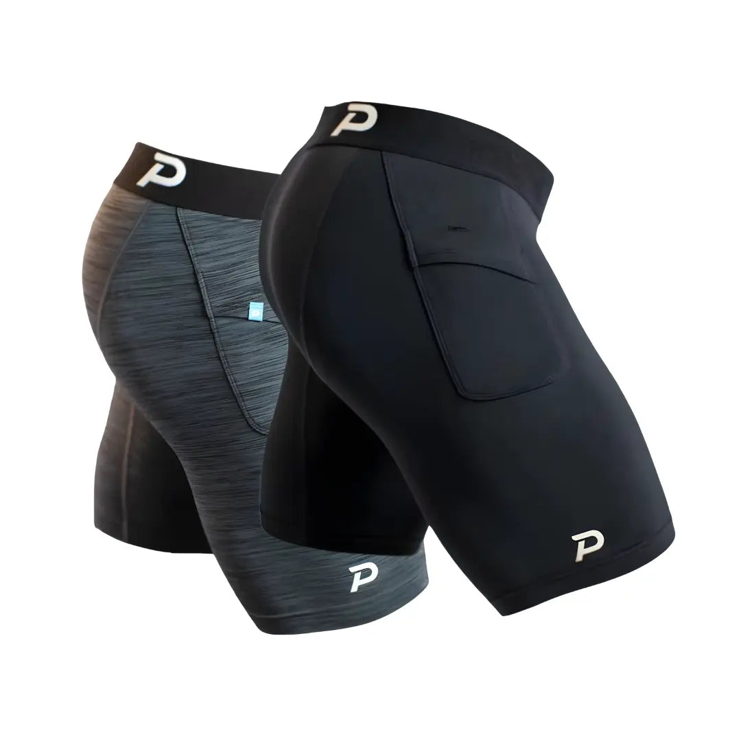 Pacterra Athletics most comfortable men's compression shorts bundle in black and heather grey, featuring a secure phone pocket and premium anti-chafe fabric for training.
