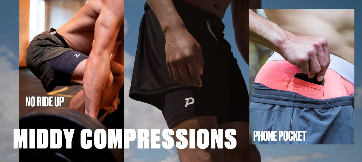 Collage showing Pacterra Middy compression shorts benefits: no-ride-up fit during deadlifts, athletic lifestyle wear, and a secure phone pocket for running.