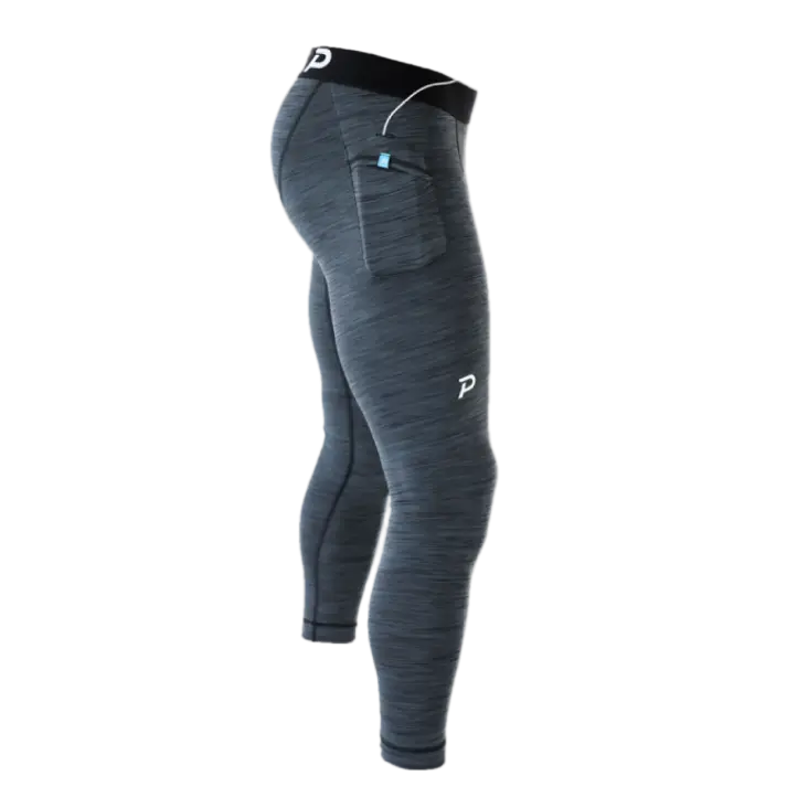 Technical view of Charcoal Heather Strider tights, emphasizing the luxury comfort and specialized knit of the Swingloft fabric.